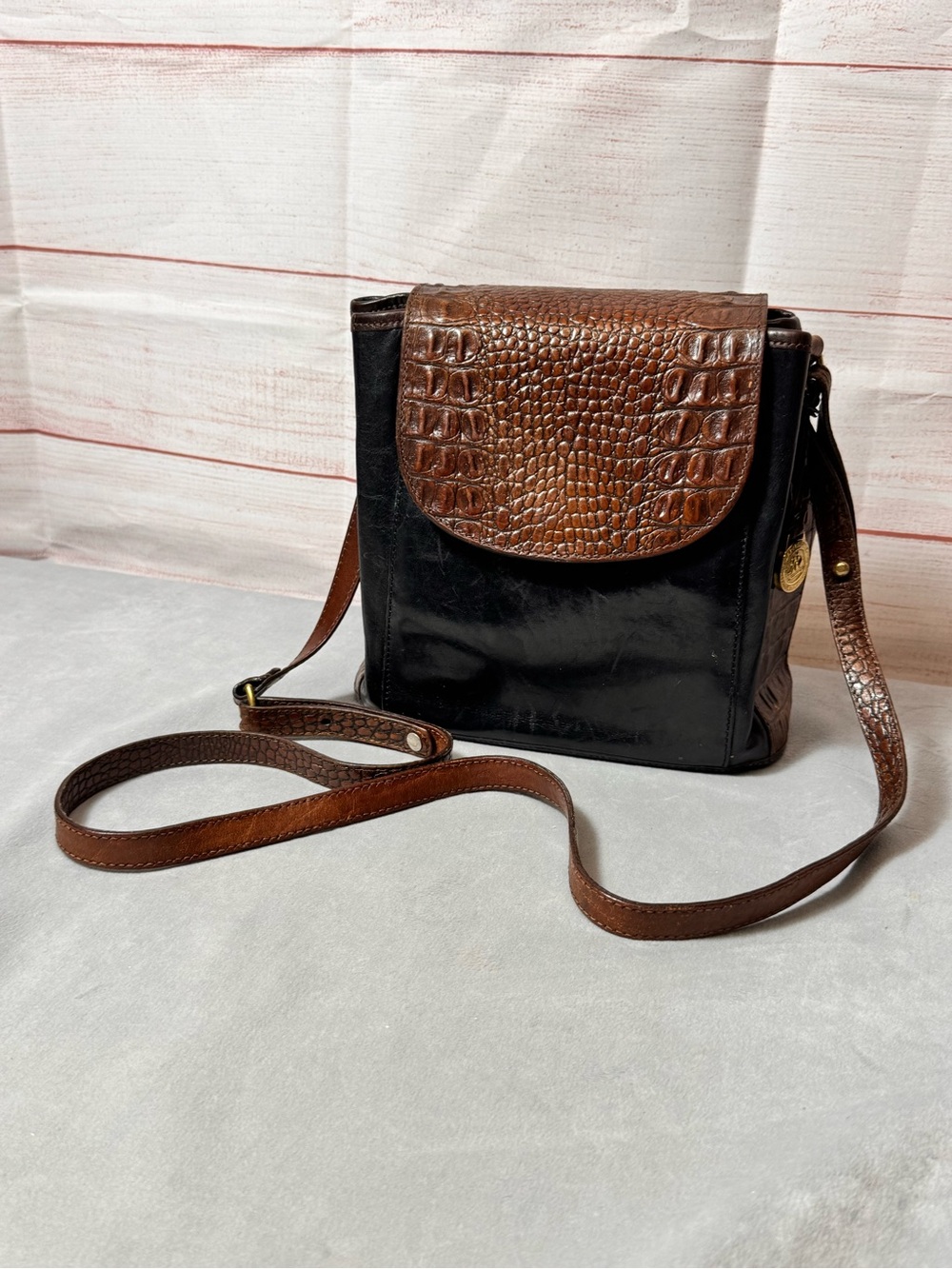 Brahmin Black Body with Brown Croc-Embossed Flap Crossbody